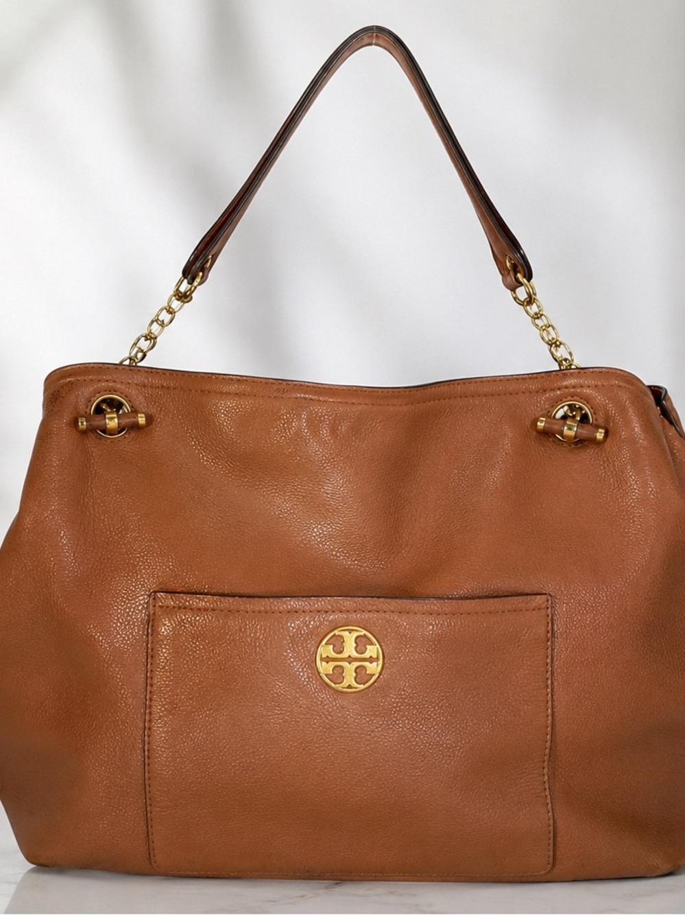 Tory Burch Marion Slouchy Hobo Bag Brown Pebbled Leather Gold Chain Large